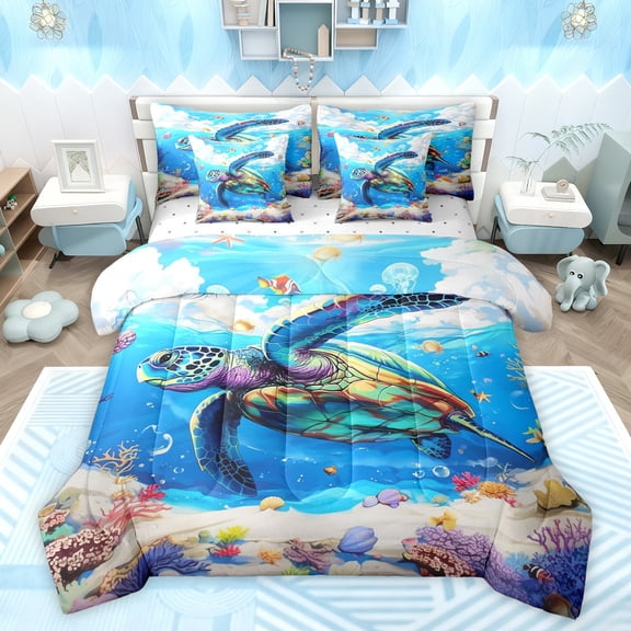 Feelyou Teens Sea Turtle Bedding Comforter Set 7pcs, Cartoon Ocean Animal King Bedding Sets, Dreamy Underwater World Reversible Bed Sheets, Super Cozy Room Decor