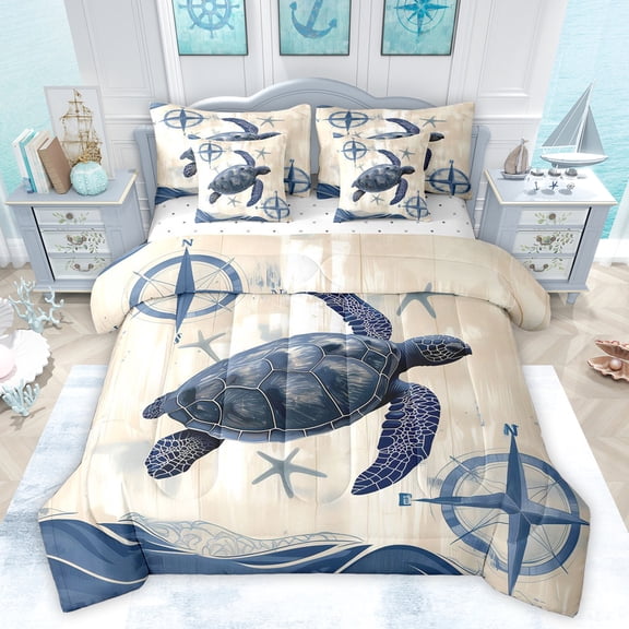 Feelyou Teens Sea Turtle Bedding Comforter Set 7pcs, Ocean Nautical Compass King Bedding Sets, Cartoon Marine Theme Reversible Bed Sheets, Ultra Soft Bedroom Decor
