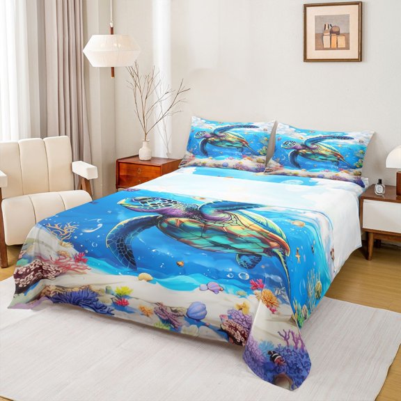 Feelyou Teens Sea Turtle Twin Sheet Sets, Cartoon Ocean Animal Twin Fitted Sheet, Dreamy Underwater World Flat Sheet, Super Cozy Room Decor, 3-Piece