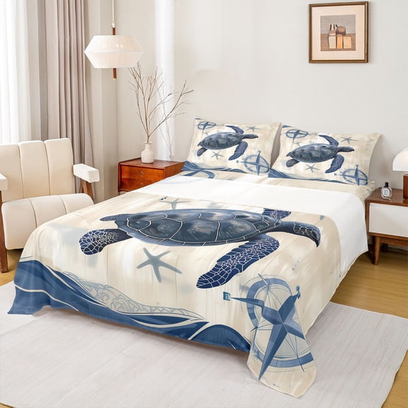 Feelyou Teens Sea Turtle Twin Sheet Sets, Ocean Nautical Compass Twin Fitted Sheet, Cartoon Marine Theme Flat Sheet, Ultra Soft Bedroom Decor, 3pcs