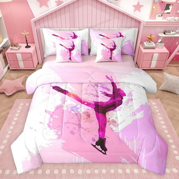 Feelyou Teens Skating Athlete Twin Bedding Sets 7-Piece, Pink Art Watercolor Bedding Comforter Set, Eat Sleep Ice Skates Reversible Sheet Sets, Ultra Soft Bedroom Decor