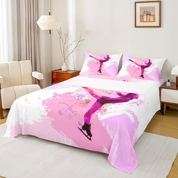 Feelyou Teens Skating Athlete Twin Sheet Sets, Pink Art Watercolor Twin Fitted Sheet, Eat Sleep Ice Skates Flat Sheet, Ultra Soft Bedroom Decor, 3-Piece