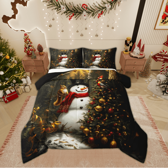 Feelyou Teens Snowman Full Size Comforter Sets, Jungle Squirrel Animal Bedding Comforter Set, Christmas Tree Reversible Bedding Sets, Ultra Soft Home Decor, 3-Piece