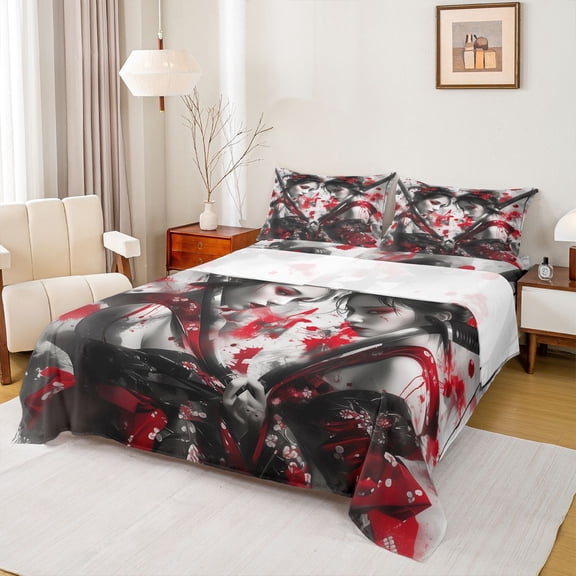 Feelyou Teens Tokyo Warrior Bed Sheets, Kawaii Japanese Princess King Sheets, Ancient Geisha Sheet Set, Breathable Home Decor, 4pcs