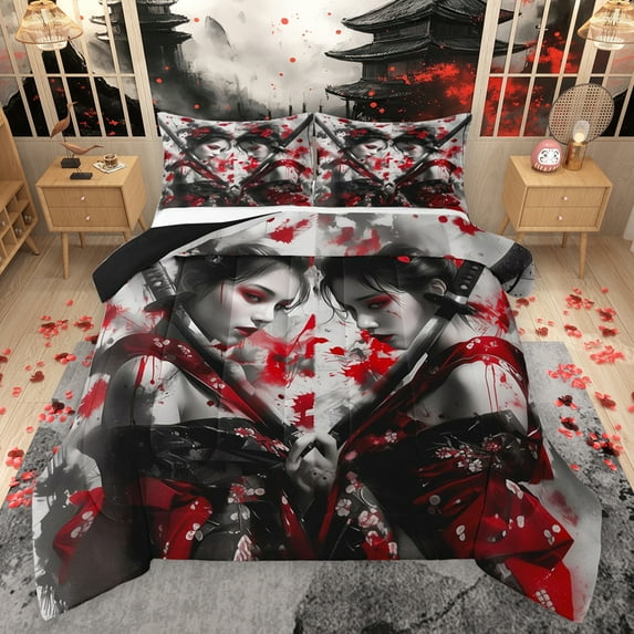 Feelyou Teens Tokyo Warrior Full Size Comforter Sets, Kawaii Japanese Princess Bedding Comforter Set, Ancient Geisha Reversible Bedding Sets, Breathable Home Decor, 3pcs