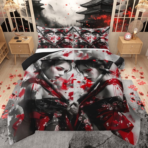 Feelyou Teens Tokyo Warrior Queen Comforter Set, Kawaii Japanese Princess Bedding Sets, Ancient Geisha Reversible Bedding Comforter Set, Breathable Home Decor, 3pcs