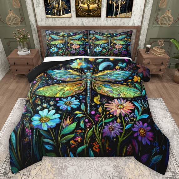 Feelyou Teens Tribal Dragonfly Twin Comforter Sets, Rustic Groovy Daisy Bedding Set, 2pcs