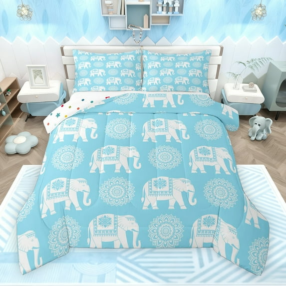 Feelyou Teens Tribal Elephant Bedding Comforter Set, Vintage Western Damask Twin Comforter Sets, Mandala Flower Floral Reversible Bedding Set, Breathable Home Decor, 2 Pieces