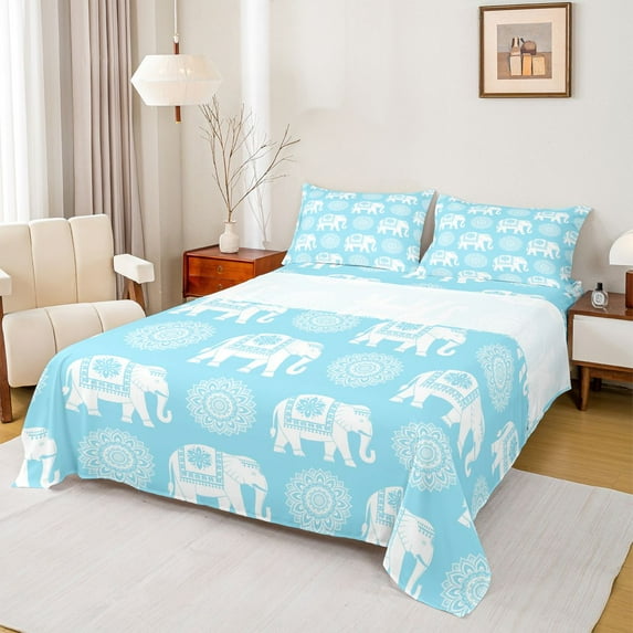 Feelyou Teens Tribal Elephant Queen Sheet Sets, Vintage Western Damask Flat Sheet, Mandala Flower Floral Queen Fitted Sheet, Breathable Home Decor, 4 Pieces