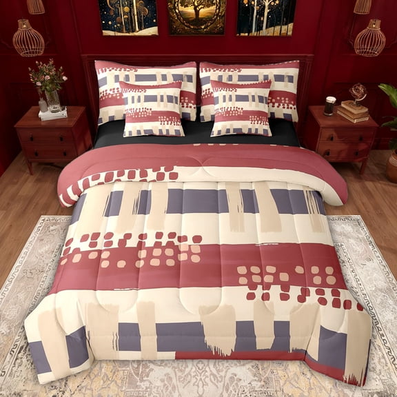 Feelyou Teens Vintage Abstract Bedding Comforter Set 7pcs, Fashion Polkadots Stripes King Bedding Sets, Bruch Artwork Reversible Bed Sheets, Luxury Bedroom Decor