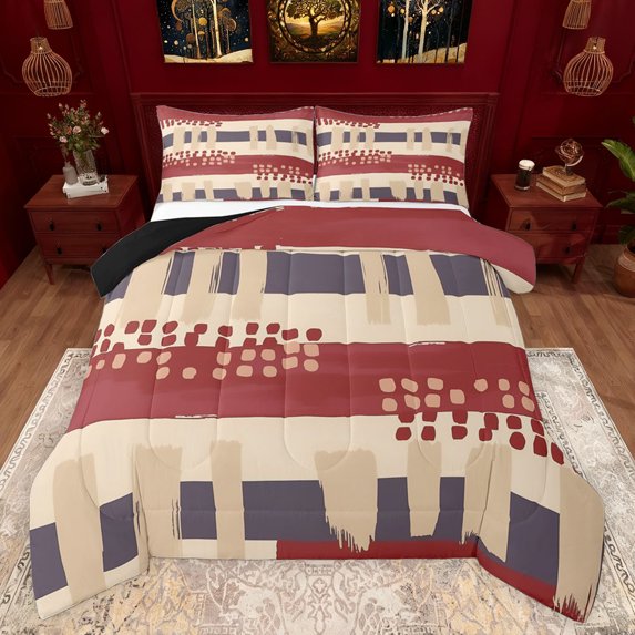 Feelyou Teens Vintage Abstract Full Size Comforter Sets, Fashion Polkadots Stripes Bedding Comforter Set, Bruch Artwork Reversible Bedding Sets, Luxury Bedroom Decor, 3-Piece