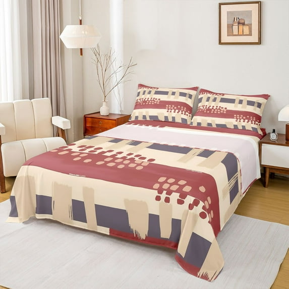 Feelyou Teens Vintage Abstract Twin Sheet Sets, Fashion Polkadots Stripes Twin Fitted Sheet, Bruch Artwork Flat Sheet, Luxury Bedroom Decor, 3-Piece
