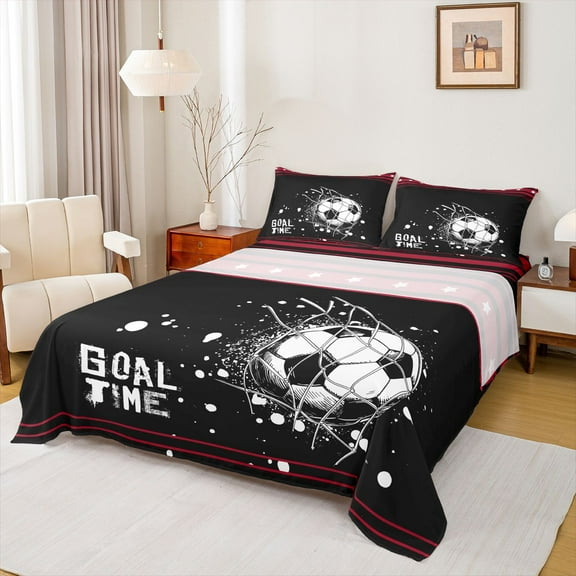 Feelyou Teens Watercolor Football Bed Sheets, Cartoon Soccer Sports King Sheets, Rugby Goal Time Sheet Set, Black Red Luxury Bedroom Decor, 4pcs