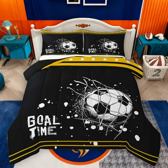 Feelyou Teens Watercolor Football Full Size Comforter Sets, Cartoon Soccer Sports Bedding Comforter Set, Rugby Goal Time Reversible Bedding Sets, Black Yellow Ultra Soft Bedroom Decor, 3pcs