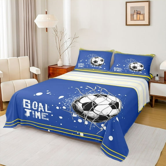 Feelyou Teens Watercolor Football Full Size Sheets, Cartoon Soccer Sports Bed Sheets, Rugby Goal Time Sheet Sets, Blue Yellow Lightweight Room Decor, 4pcs