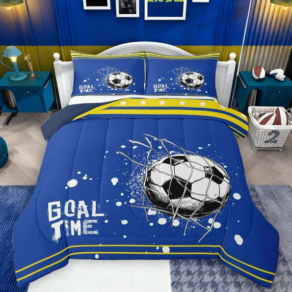 Feelyou Teens Watercolor Football Queen Comforter Set, Cartoon Soccer Sports Bedding Sets, Rugby Goal Time Reversible Bedding Comforter Set, Blue Yellow Lightweight Room Decor, 3pcs