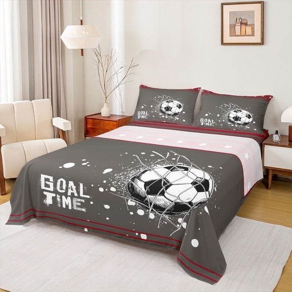 Feelyou Teens Watercolor Football Twin Sheet Sets, Cartoon Soccer Sports Twin Fitted Sheet, Rugby Goal Time Flat Sheet, Brown Red Breathable Home Decor, 3pcs