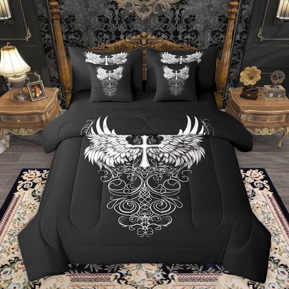 Feelyou Teens Western Goth Art Bedding Comforter Set 7 Pieces, Angel Wings Cross Print Full Bedding Set, Cartoon Graffiti Reversible Fitted Sheet Flat Sheet, Ultra Soft Bedroom Decor