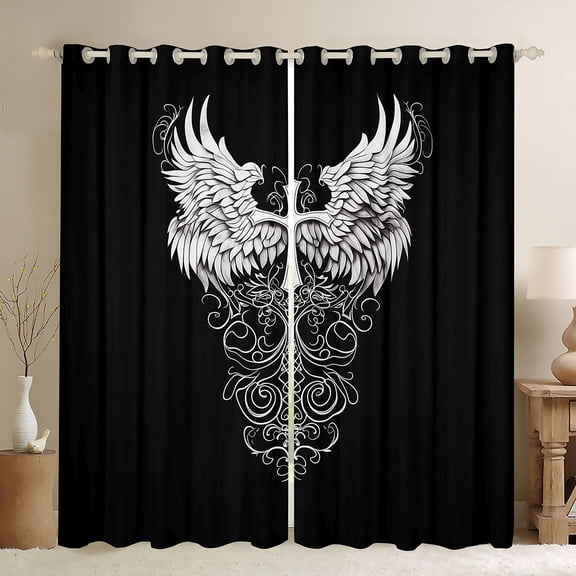 Feelyou Teens Western Goth Art Black Out Curtains, Angel Wings Cross Print Curtains Pack of 2 (42x63 Each), Cartoon Graffiti Bedroom Curtains, Black Out Curtains Decor