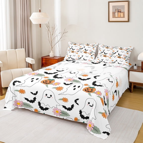 Feelyou Teens White Ghost Bed Sheets, Cartoon Halloween Bat King Sheets, Farmhouse Floral Flower Sheet Set, Lightweight Room Decor, 4 Pieces