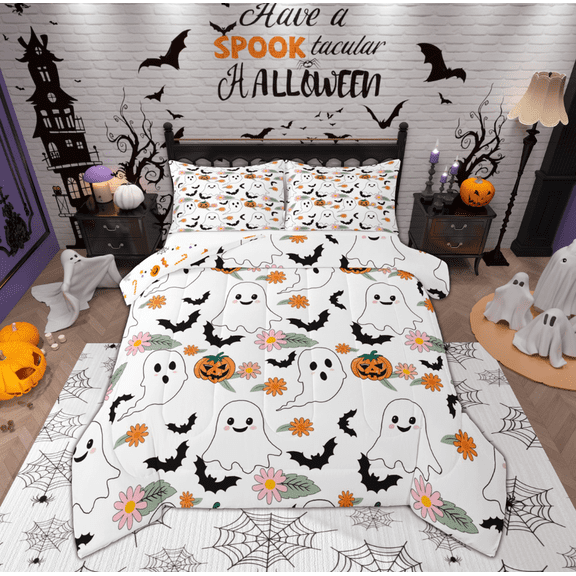 Feelyou Teens White Ghost Queen Comforter Set, Cartoon Halloween Bat Bedding Sets, Farmhouse Floral Flower Reversible Bedding Comforter Set, Lightweight Room Decor, 3 Pieces