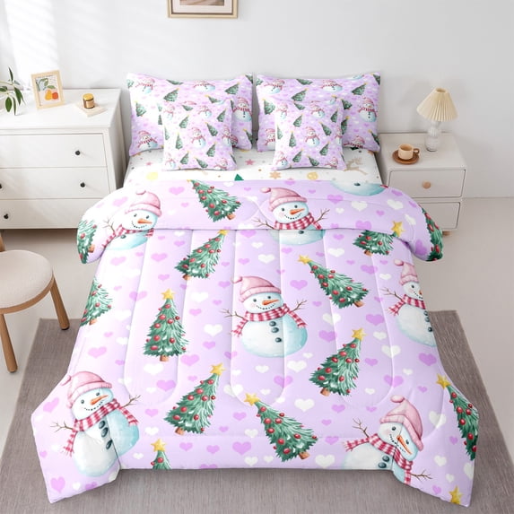 Feelyou Teens Winter Snowman Bedding Comforter Set 7 Pieces, Dreamy Fairy Tale Full Bedding Set, Christmas Dots Tree Reversible Fitted Sheet Flat Sheet, Breathable Home Decor