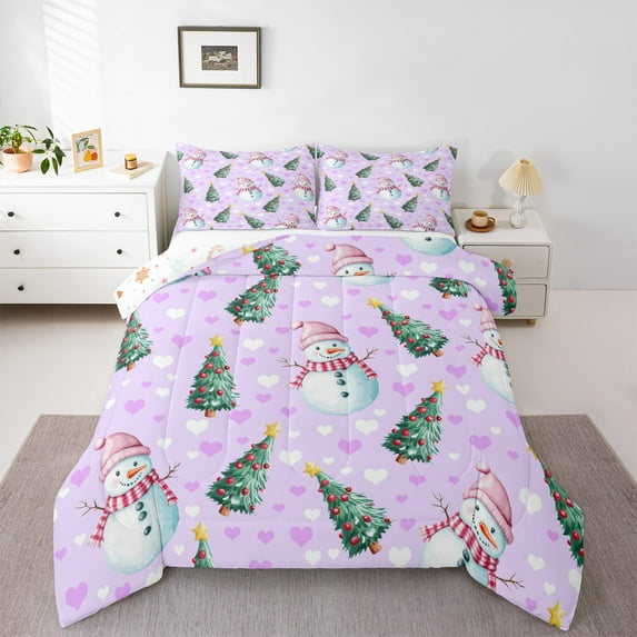 Feelyou Teens Winter Snowman Queen Comforter Set, Dreamy Fairy Tale Bedding Sets, Christmas Dots Tree Reversible Bedding Comforter Set, Breathable Home Decor, 3-Piece