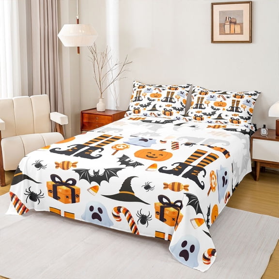 Feelyou Teens Witch Hat Pumpkin Bed Sheets, Gothic Halloween King Sheets, 4pcs