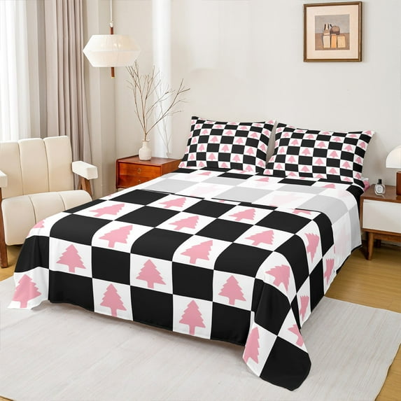 Feelyou Teens Xmas Tree Bed Sheets, Merry Christmas King Sheets, Cartoon Buffalo Geometric Sheet Set, Luxury Bedroom Decor, 4-Piece
