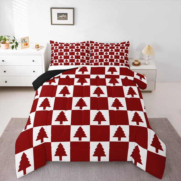 Feelyou Teens Xmas Tree Bedding Comforter Set, Merry Christmas Twin Comforter Sets, Cartoon Buffalo Geometric Reversible Bedding Set, Luxury Bedroom Decor, 2-Piece