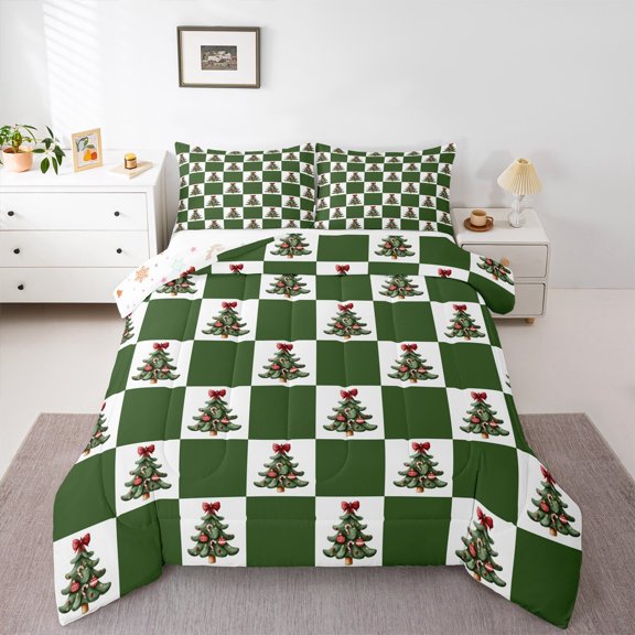 Feelyou Teens Xmas Tree Bedding Comforter Set, Merry Christmas Twin Comforter Sets, Cartoon Buffalo Geometric Reversible Bedding Set, Luxury Bedroom Decor, 2-Piece