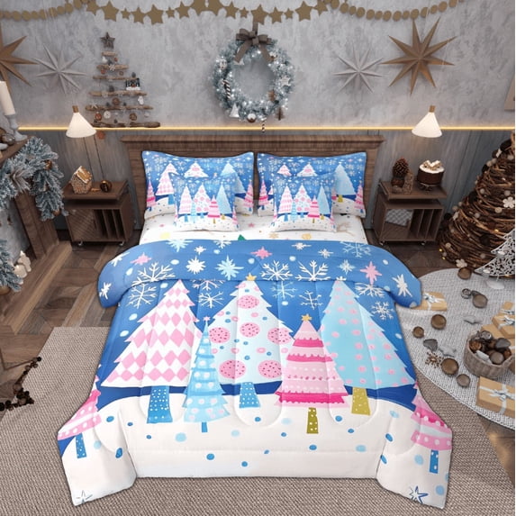 Feelyou Teens Xmas Tree Twin Bedding Sets 7-Piece, Dreamy Cartoon Bedding Comforter Set, Merry Christmas Reversible Sheet Sets, Microfiber Bedroom Decor