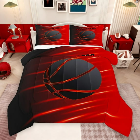 Feelyou Teesn Basketball Print Queen Comforter Set, Ball Game Gaming Bedding Sets, Modern Sports Theme Reversible Bedding Comforter Set, Super Cozy Room Decor, 3-Piece