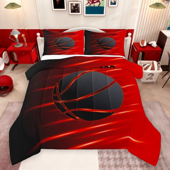 Feelyou Teesn Basketball Print Queen Comforter Set, Ball Game Gaming Bedding Sets, Modern Sports Theme Reversible Bedding Comforter Set, Super Cozy Room Decor, 3-Piece