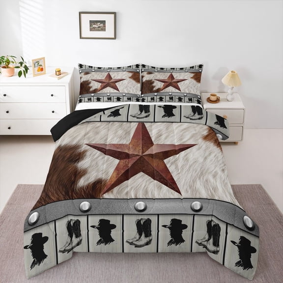 Feelyou Texas Stars Queen Comforter Set, Retro Cowgirl Bedding Comforter Set, 3pcs