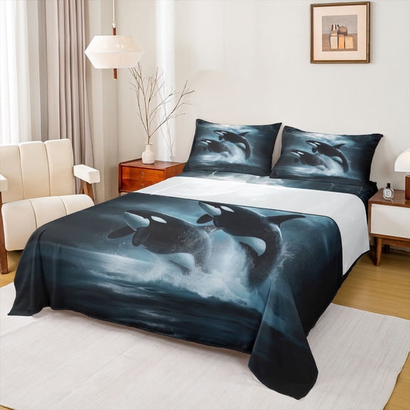 Feelyou Thunder Gothic Whale Bed Sheets for Men Boys, Marine Animal King Sheets, Grey Blue, 4pcs
