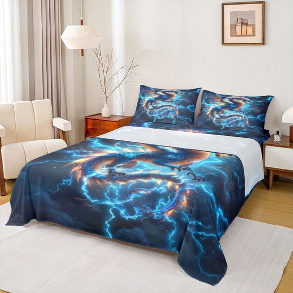Feelyou Thunder Lightning Dragon Bed Sheets for Men Boys, Storm Animal King Sheets, Blue Golden, 4pcs
