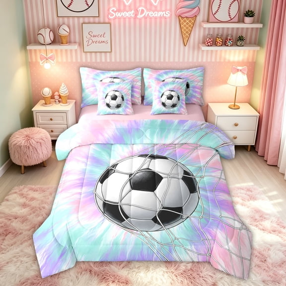 Feelyou Tie Dye Soccer Twin Bedding for Kids, Goal Net Sport Bedding Comforter Set, Blue Pink, Pink Reversible, 7pcs