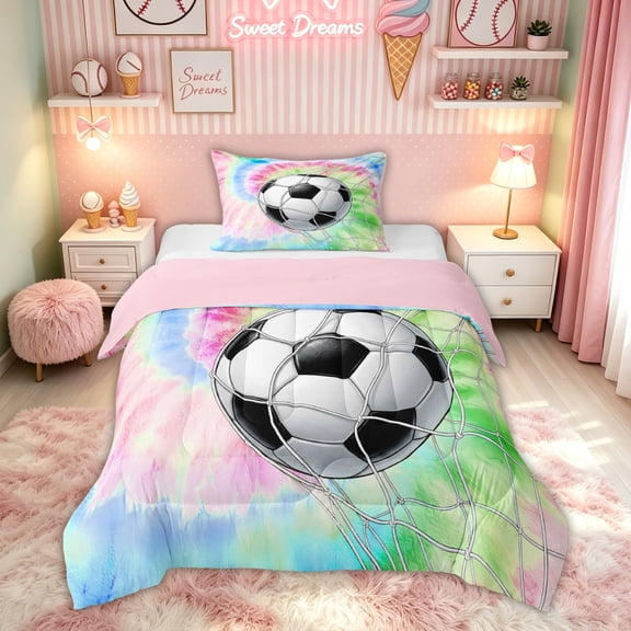 Feelyou Tie Dye Soccer Twin Comforter Sets for Boys, Spiral Watercolor Artwork Bedding Set, Pink Blue, Pink Reversible, 2pcs, 1 Comforter and 1 Pillowcase