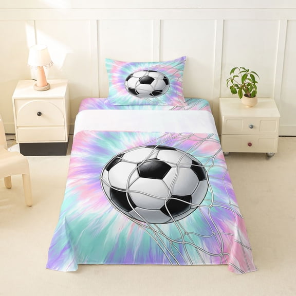 Feelyou Tie Dye Soccer Twin Sheets, Goal Net Sport Bedding, Blue Pink, 3pcs, 1 Flat Sheet, 1 Fitted Sheet and 1 Pillowcase