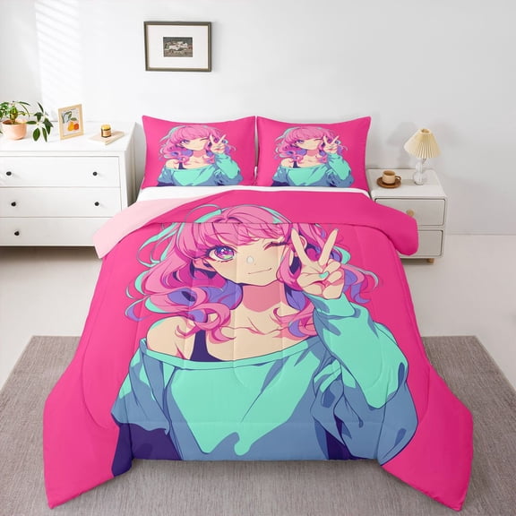 Feelyou Tokyo Anime Girl Queen Comforter Set, Japan Princess Bedding Comforter Set, 3pcs