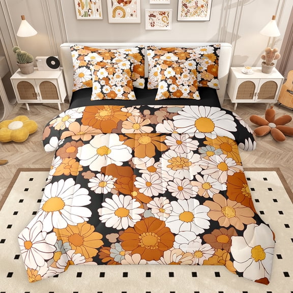 Feelyou Tokyo Cherry Blossoms Bedding Comforter Set 7pcs, Groovy Flower Floral Queen Bedding Sets, Vintage Japanese Style Reversible Queen Sheet Sets, Breathable Home Decor