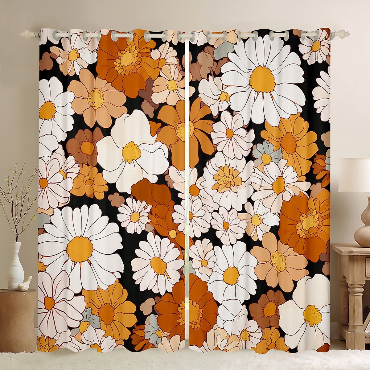 Feelyou Tokyo Cherry Blossoms Black Out Curtains, Groovy Flower Floral ...