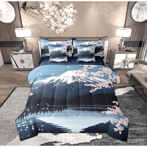 Feelyou Tokyo Mount Fuji Bedding Comforter Set 7pcs for Adult, Pink Cherry Blossoms Queen Bedding Sets, Japanese Style Reversible Queen Sheet Sets, Luxury Bedroom Decor