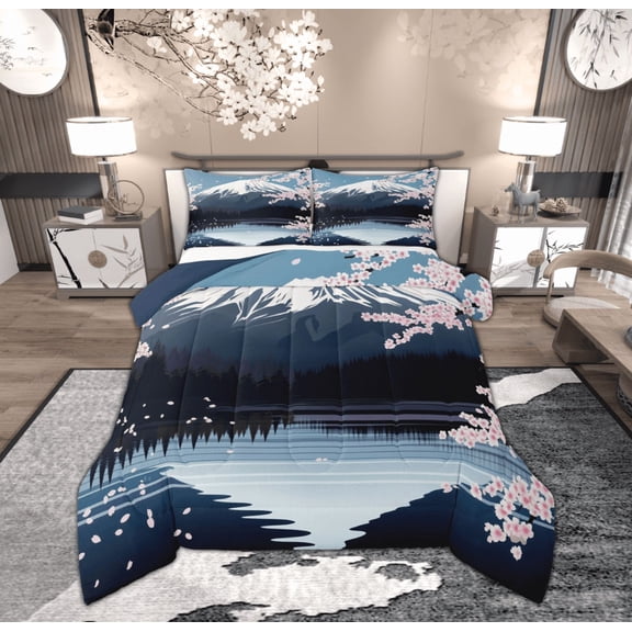 Feelyou Tokyo Mount Fuji Full Size Comforter Sets for Adult, Pink Cherry Blossoms Bedding Comforter Set, Japanese Style Reversible Bedding Sets, Luxury Bedroom Decor, 3 Pieces