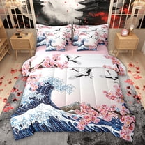 Feelyou Tokyo Ocean Wave Twin Bedding Sets 7pcs, Pink Cherry Blossoms Comforter Set