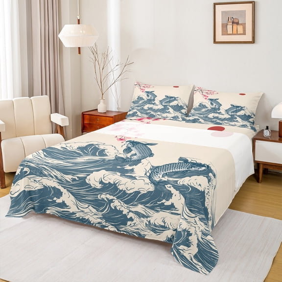 Feelyou Tokyo Ocean Waves Twin Sheet Sets for Women, Cartoon Fish Twin Fitted Sheet, Pink Cherry Blossoms Flat Sheet, Ultra Soft Bedroom Decor, 3 Pieces