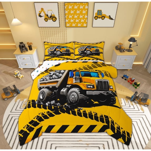Feelyou Tractor Machinery Truck Full Size Comforter Sets, Yellow Construction Vehicle Bedding Comforter Set, Teens Boys Girls Reversible Bedding Sets, Ultra Soft Home Decor, 3pcs