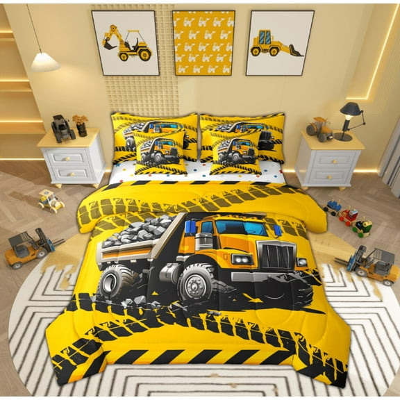 Feelyou Tractor Machinery Truck Twin Bedding Sets 7-Piece, Yellow Construction Vehicle Bedding Comforter Set, Teens Boys Girls Reversible Sheet Sets, Ultra Soft Home Decor
