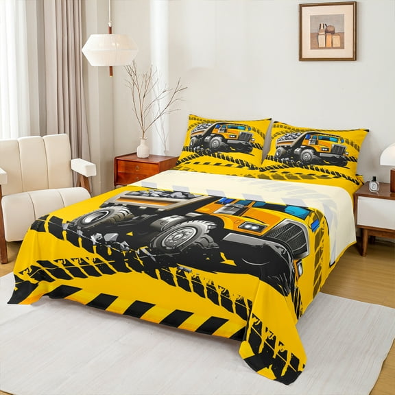 Feelyou Tractor Machinery Truck Twin Sheet Sets, Yellow Construction Vehicle Twin Fitted Sheet, Teens Boys Girls Flat Sheet, Ultra Soft Home Decor, 3pcs